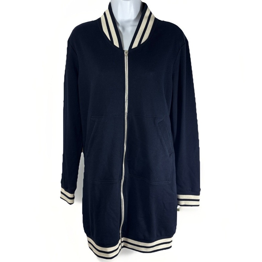 Venus Women Longline Zip Up Jacket Cardigan Sz M Navy Varsity Stripe Trim Pocket